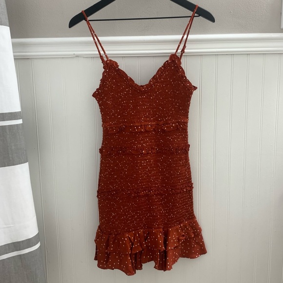 OLIVACEOUS Orange Smocked Ruffle Rib Knit 100% Rayon Bodycon Mini Dress Small - Picture 2 of 13